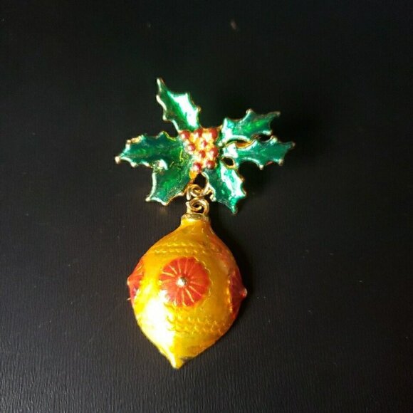 Vintage 70's Enamel Dangle Christmas Ornament with Holy Brooch Orange - Picture 1 of 3